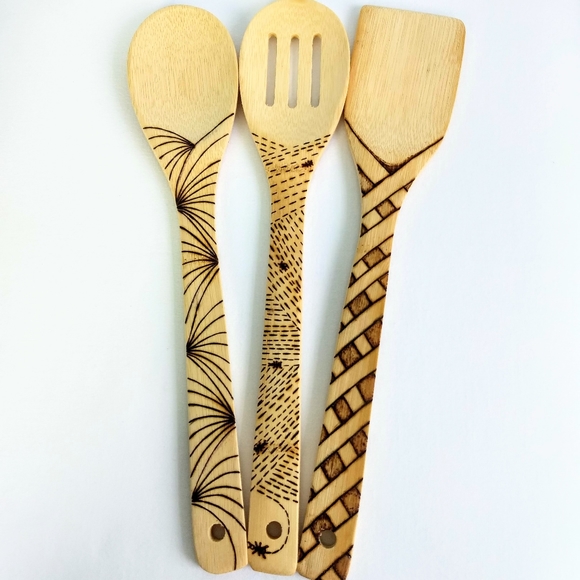 Hand Woodburned Bamboo Kitchen Spoons Set - Picture 1 of 4